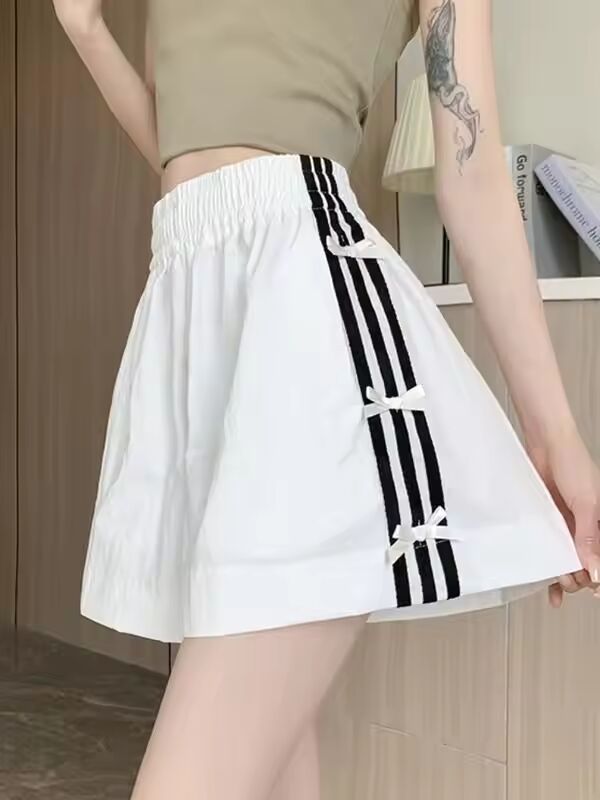 Black striped quick drying shorts Women's summer thin bow loose casual sweatpants A-line slimming wide-leg pants
